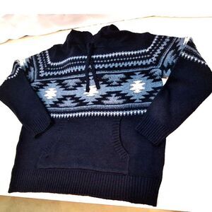 American Eagle Mens Sweater Navy Blue Aztec Knit with Hood Size XXL